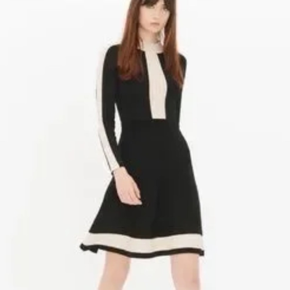 Sandro Paris Daisy Contrast Trim‎ Dress Black Cream Long Sleeve Knit A-Line Sz 8
